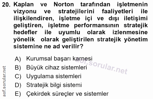 20. soru: Kaplan ve Norton tarafından işletmenin vizyonu ve stratejilerini faaliyetleri ile ilişkilendiren, işletme içi ve dışı…