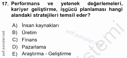 17. soru: Performans ve yetenek değerlemeleri, kariyer geliştirme, işgücü planlaması hangi alandaki stratejileri temsil eder? A…