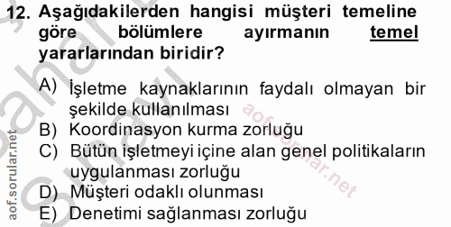 12. soru: Aşağıdakilerden hangisi müşteri temeline göre bölümlere ayırmanın temel yararlarından biridir? A) İşletme kaynakların…