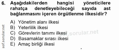 6. soru: Aşağıdakilerden hangisi yöneticilere rahatça denetleyebileceği sayıda ast bağlanmasını içeren örgütlenme ilkesidir? A…