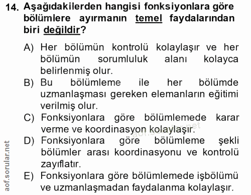 14. soru: Aşağıdakilerden hangisi fonksiyonlara göre bölümlere ayırmanın temel faydalarından biri değildir? A) Her bölümün kont…