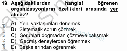 19. soru: Aşağıdakilerden hangisi öğrenen organizasyonların özellikleri arasında yer almaz? A) Yeni yaklaşımları denemek B) Sis…