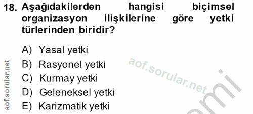 18. soru: Aşağıdakilerden hangisi biçimsel organizasyon ilişkilerine göre yetki türlerinden biridir? A) Yasal yetki B) Rasyonel…