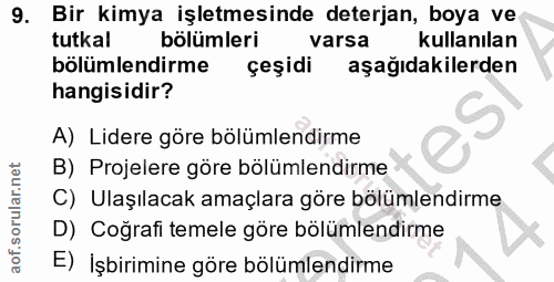 9. soru: Bir kimya işletmesinde deterjan, boya ve tutkal bölümleri varsa kullanılan bölümlendirme çeşidi aşağıdakilerden hangi…