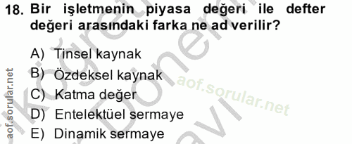 18. soru: Bir işletmenin piyasa değeri ile defter değeri arasındaki farka ne ad verilir? A) Tinsel kaynak B) Özdeksel kaynak C)…