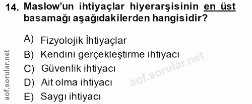 14. soru: Maslow'un ihtiyaçlar hiyerarşisinin en üst basamağı aşağıdakilerden hangisidir? A) Fizyolojik ihtiyaçlar B) Kendini g…