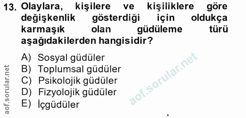 13. soru: Olaylara, kişilere ve kişiliklere göre değişkenlik gösterdigi için oldukça karmaşık olan güdüleme türü aşağıdakilerde…