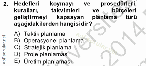 2. soru: Hedefleri koymayı ve prosedürleri, kuralları, takvimleri ve bütçeleri geliştirmeyi kapsayan planlama türü aşağıdakile…