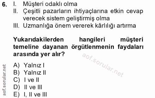 6. soru: Müşteri odaklı olma II. Çeşitli pazarların ihtiyaçlarına etkin cevap verecek sistem geliştirmiş olma III. Uzmanlığa ö…