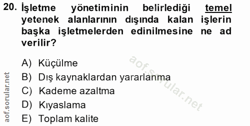 20. soru: İşletme yönetiminin belirlediği temel yetenek alanlarının dışında kalan işlerin başka işletmelerden edinilmesine ne a…