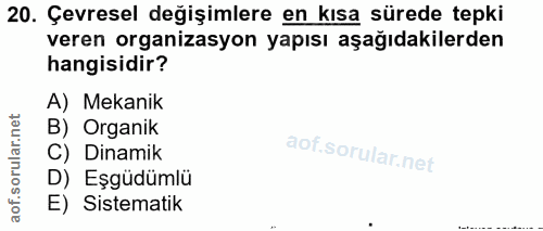 20. soru: Çevresel değişimlere en kısa sürede tepki veren organizasyon yapısı aşağıdakilerden hangisidir? A) Mekanik B) Organik…