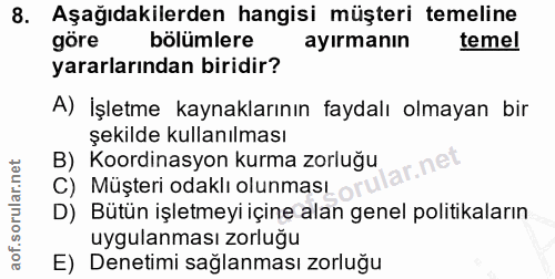 8. soru: Aşağıdakilerden hangisi müşteri temeline göre bölümlere ayırmanın temel yararlarından biridir? A) İşletme kaynakların…