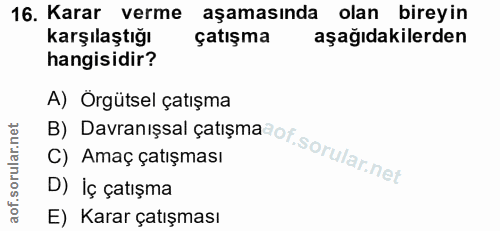 16. soru: Karar verme aşamasında olan bireyin karşılaştığı çatışma aşağıdakilerden hangisidir? B) Davranışsal çatışma ot. A) Ör…