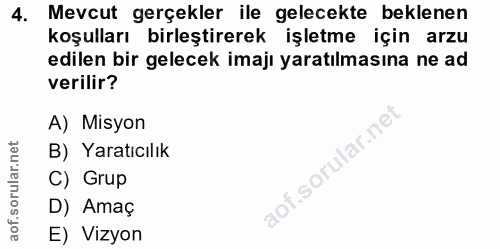 4. soru: Mevcut gerçekler ile gelecekte beklenen koşulları birleştirerek işletme için arzu edilen bir gelecek imajı yaratılmas…