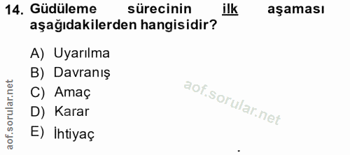 14. soru: Güdüleme sürecinin ilk aşaması aşağıdakilerden hangisidir? A) Uyarılma B) Davranış rular.net C) Amaç D) Karar aof. E)…