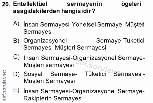20. soru: Entelektüel sermayenin ögeleri aşağıdakilerden hangisidir? A) Insan Sermayesi-Yönetsel Sermaye- Müşteri Sermayesi B)…