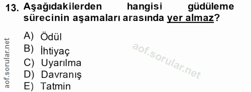 13. soru: Aşağıdakilerden hangisi güdüleme sürecinin aşamaları arasında yer almaz? A) Ödül B) İhtiyaç C) Uyarılma D) Davranış E…