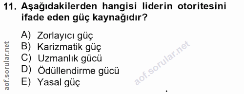11. soru: Aşağıdakilerden hangisi liderin otoritesini ifade eden güç kaynağıdır? A) Zorlayıcı güç B) Karizmatik güç C) Uzmanlık…