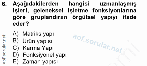 6. soru: Aşağıdakilerden hangisi uzmanlaşmış işleri, geleneksel işletme fonksiyonlarına göre gruplandıran örgütsel yapıyı ifad…