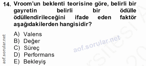 14. soru: Vroom'un beklenti teorisine göre, belirli bir gayretin belirli bir ödülle ödüllendirileceğini ifade eden faktör aşağı…