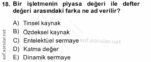 18. soru: Bir işletmenin piyasa değeri ile defter değeri arasındaki farka ne ad verilir? A) Tinsel kaynak B) Özdeksel kaynak C)…