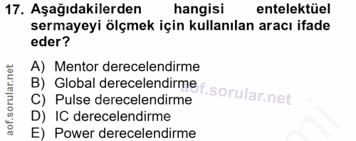 17. soru: Aşağıdakilerden hangisi entelektüel sermayeyi ölçmek için kullanılan aracı ifade eder? A) Mentor derecelendirme C) Pu…