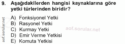 9. soru: Aşağıdakilerden hangisi kaynaklarına göre yetki türlerinden biridir? A) Fonksiyonel Yetki B) Rasyonel Yetki C) Kurmay…