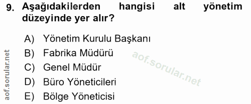 9. soru: Aşağıdakilerden hangisi alt yönetim düzeyinde yer alır? A) Yönetim Kurulu Başkanı B) Fabrika Müdürü C) Genel Müdür D)…