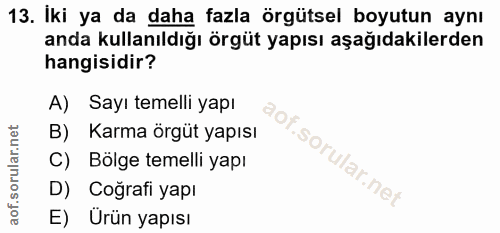 13. soru: Iki ya da daha fazla örgütsel boyutun aynı anda kullanıldığı örgüt yapısı aşağıdakilerden hangisidir? A) Sayı temelli…