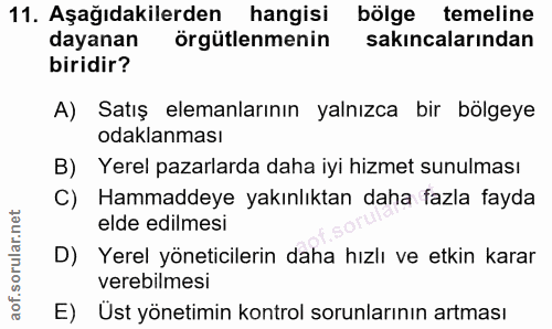 11. soru: Aşağıdakilerden hangisi bölge temeline dayanan örgütlenmenin sakıncalarından biridir? A) Satış elemanlarının yalnızca…