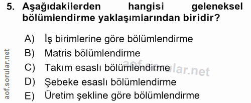 5. soru: Aşağıdakilerden hangisi geleneksel bölümlendirme yaklaşımlarından biridir? A) İş birimlerine göre bölümlendirme B) Ma…
