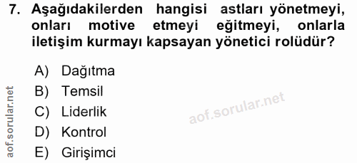 7. soru: Aşağıdakilerden hangisi astları yönetmeyi, onları motive l etmeyi egitmeyi, onlarla iletişim kurmayı kapsayan yönetic…