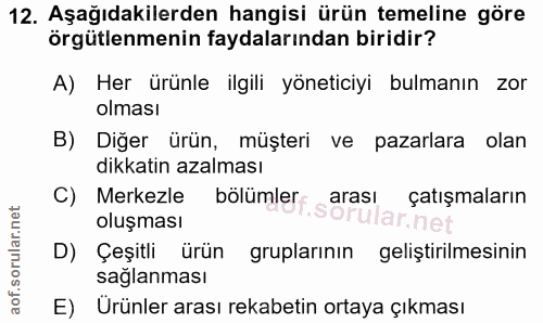 12. soru: Aşağıdakilerden hangisi ürün temeline göre örgütlenmenin faydalarından biridir? A) Her ürünle ilgili yöneticiyi bulma…