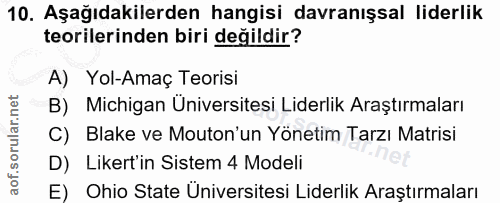 10. soru: Aşağıdakilerden hangisi davranışsal liderlik teorilerinden biri değildir? A) Yol-Amaç Teorisi B) Michigan Universites…