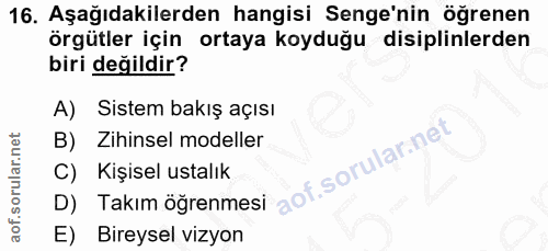 16. soru: Aşağıdakilerden hangisi Sene'nin öğrenen örgütler için ortaya koyduğu disiplinlerden biri değildir? A) Sistem bakış a…