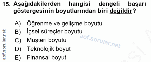 15. soru: Aşağıdakilerden hangisi dengeli başarı göstergesinin boyutlarından biri değildir? A) Öğrenme ve gelişme boyutu B) İçs…