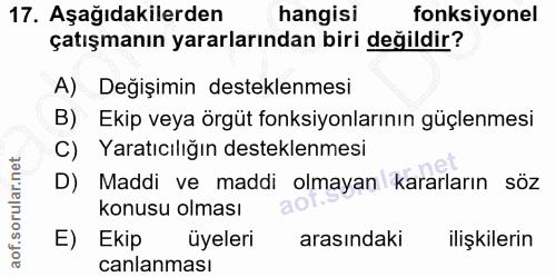 17. soru: Aşağıdakilerden hangisi fonksiyonel çatışmanın yararlarından biri değildir? A) Değişimin desteklenmesi B) Ekip veya ö…