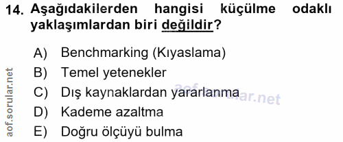 14. soru: Aşağıdakilerden hangisi küçülme odaklı yaklaşımlardan biri değildir? A) Benchmarking (Kıyaslama) B) Temel yetenekler…
