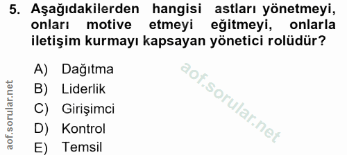 5. soru: Aşağıdakilerden hangisi astları yönetmeyi, onları motive etmeyi eğitmeyi, onlarla iletişim kurmayı kapsayan yönetici…