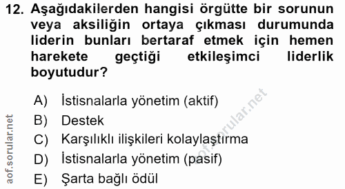 12. soru: Aşağıdakilerden hangisi örgütte bir sorunun veya aksiliğin ortaya çıkması durumunda liderin bunları bertaraf etmek iç…