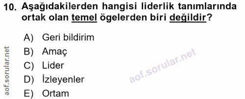 10. soru: Aşağıdakilerden hangisi liderlik tanımlarında ortak olan temel ögelerden biri değildir? A) Geri bildirim B) Amaç C) L…