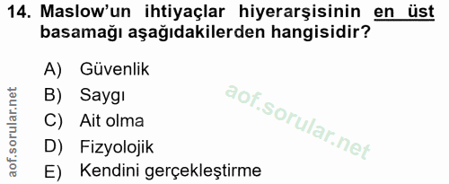 14. soru: Maslow'un ihtiyaçlar hiyerarşisinin en üst basamağı aşağıdakilerden hangisidir? A) Güvenlik B) Saygi C) Ait olma D) F…