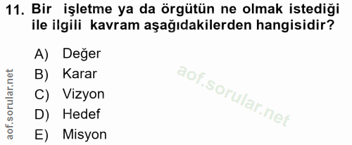 11. soru: Bir işletme ya da örgütün ne olmak istediği ile ilgili kavram aşağıdakilerden hangisidir? A) Deger B) Karar C) Vizyon…