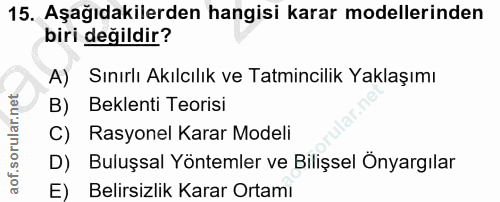 15. soru: Aşağıdakilerden hangisi karar modellerinden biri değildir? A) Sınırlı Akılcılık ve Tatmincilik Yaklaşımı B) Beklenti…