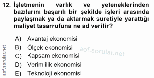 12. soru: İşletmenin varlık ve yeteneklerinden bazılarını başarılı bir şekilde işleri arasında paylaşmak ya da aktarmak suretiy…