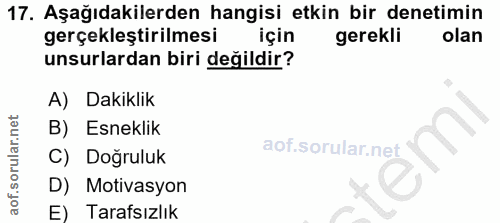 17. soru: Aşağıdakilerden hangisi etkin bir denetimin gerçekleştirilmesi için gerekli olan unsurlardan biri değildir? A) Dakikl…