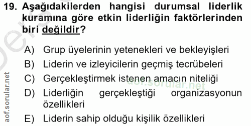 19. soru: Aşağıdakilerden hangisi durumsal liderlik kuramına göre etkin liderliğin faktörlerinden biri değildir? A) Grup üyeler…