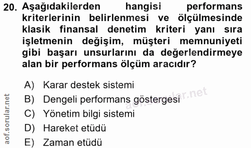 20. soru: Aşağıdakilerden hangisi performans kriterlerinin belirlenmesi ve ölçülmesinde klasik finansal denetim kriteri yanı sı…