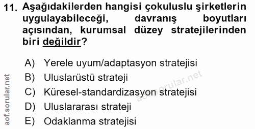 11. soru: Aşağıdakilerden hangisi çokuluslu şirketlerin uygulayabileceği, davranış boyutları açısından, kurumsal düzey strateji…