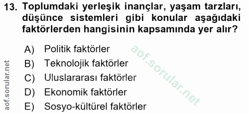 13. soru: Toplumdaki yerleşik inançlar, yaşam tarzları, düşünce sistemleri gibi konular aşağıdaki faktörlerden hangisinin kapsa…